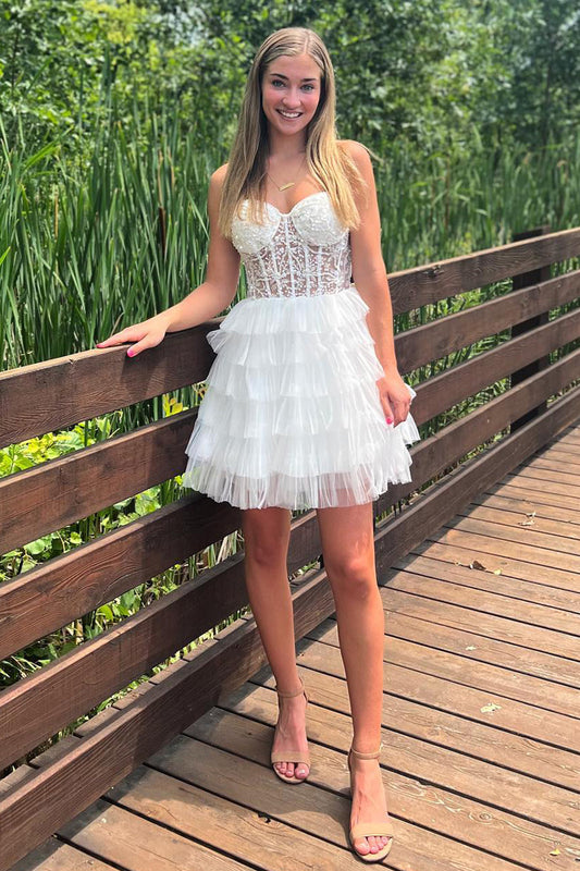 Sparkly White Corset Sweetheart A-Line Short Homecoming Dress with Lace