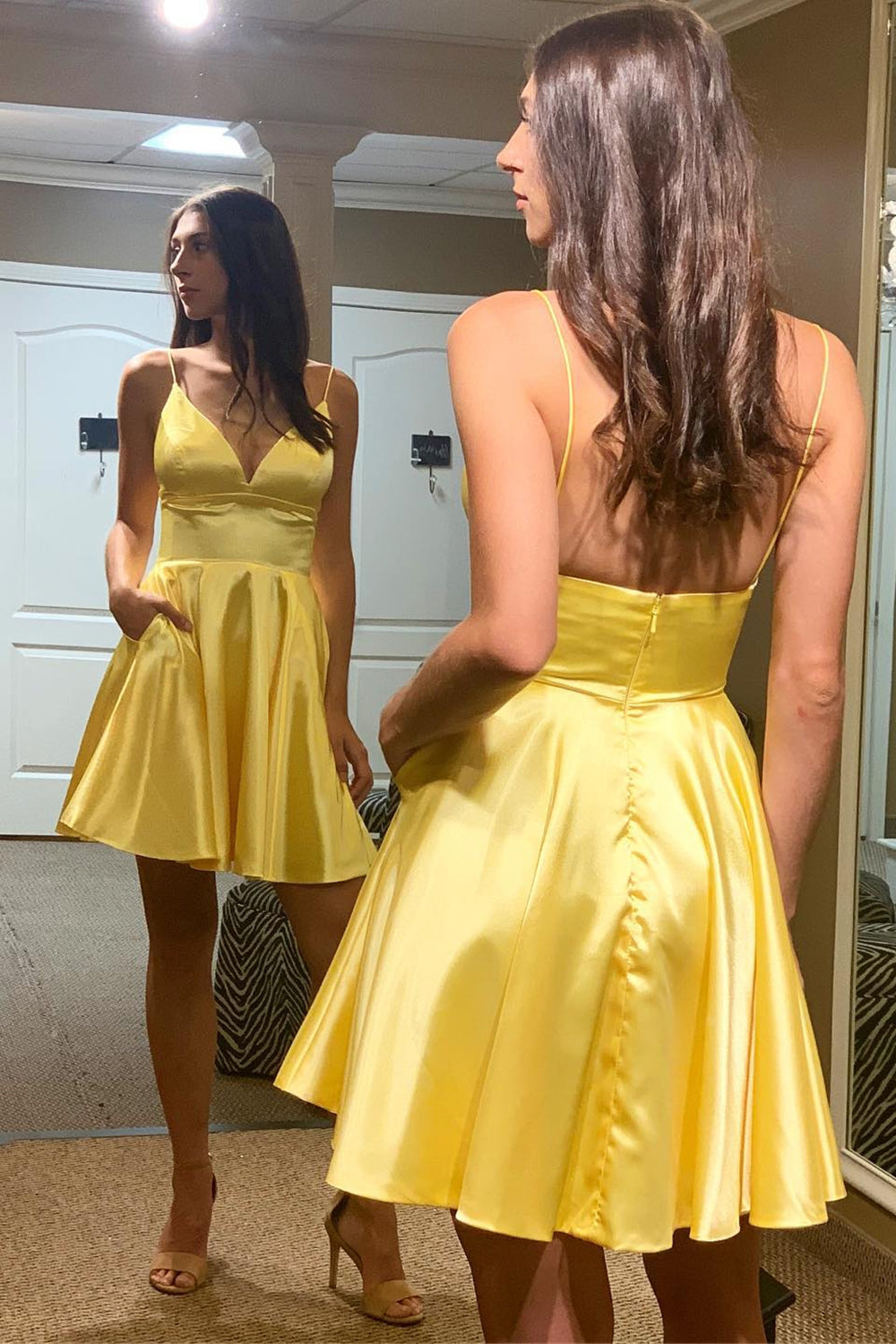 Simple A-Line Yellow Homecoming Dress with Pockets