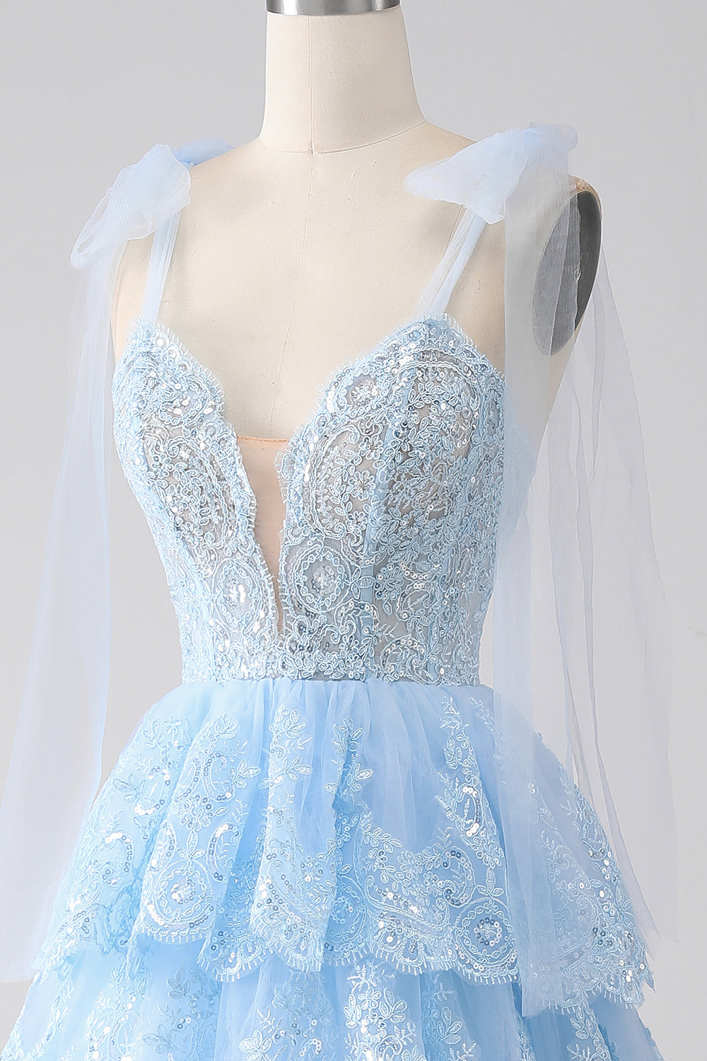 Blue Ruffled Tiered Lace A-Line Long Prom Dress