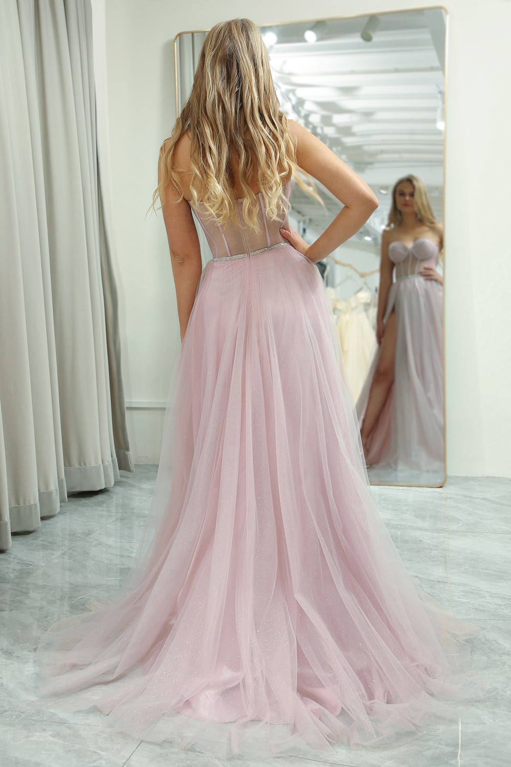 Light Pink A Line Sweetheart Long Corset Prom Dress With Slit