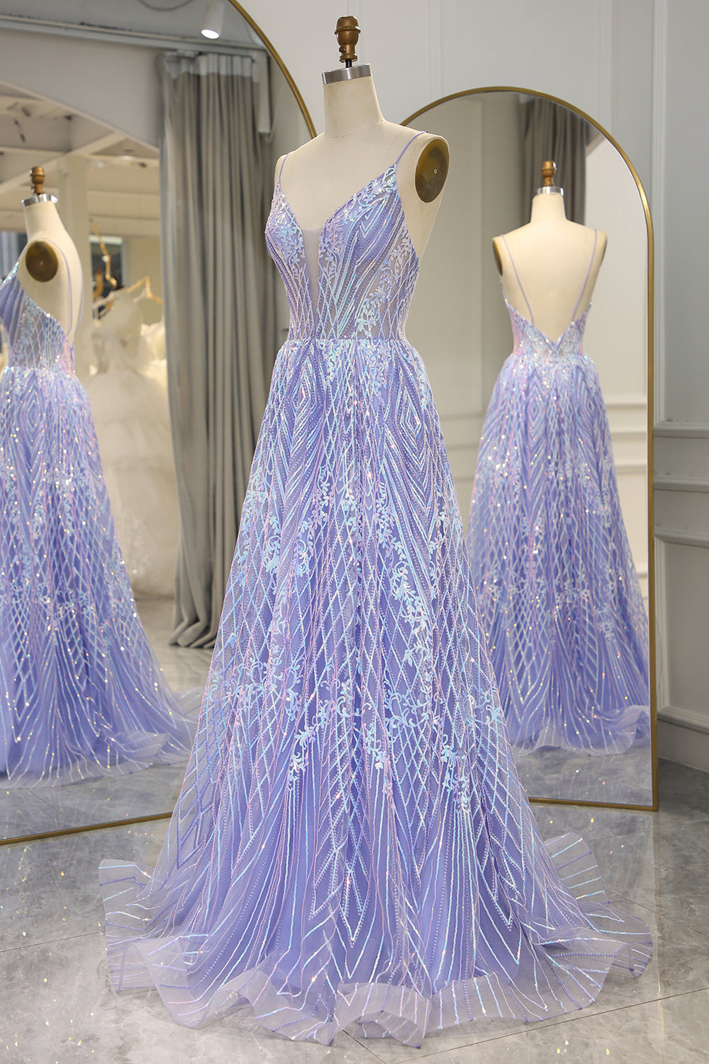 A Line Lilac Backless Long Prom Dress With Appliques