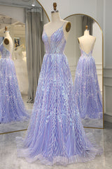 A Line Lilac Backless Long Prom Dress With Appliques