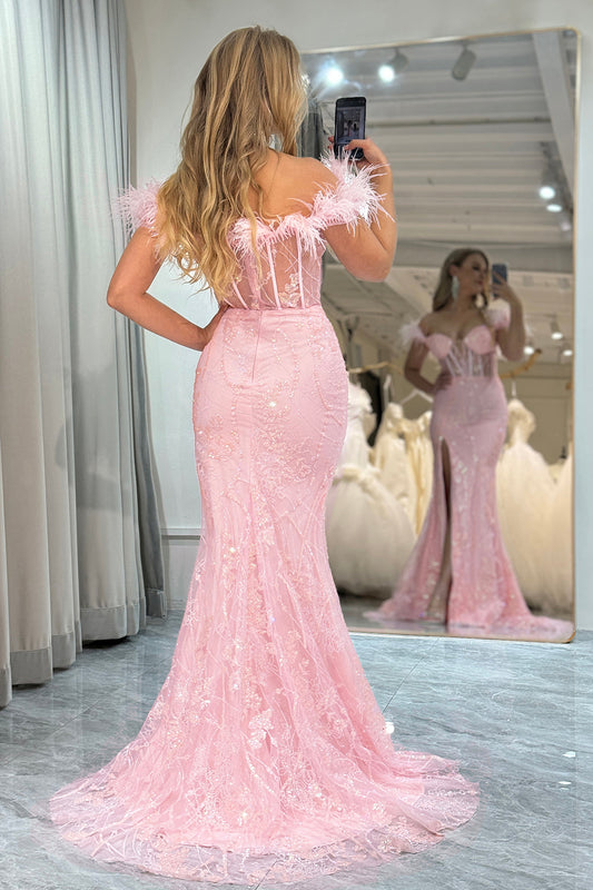 Pink Off the Shoulder Mermaid Corset Prom Dress with Slit