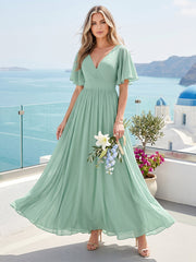 A-Line V-Neck Half Sleeves Long Chiffon Bridesmaid Dresses with Ruffles Split Side Pockets As Picture