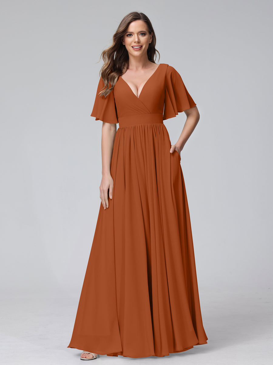 A-Line V-Neck Half Sleeves Long Chiffon Bridesmaid Dresses with Ruffles Split Side Pockets Burnt Orange