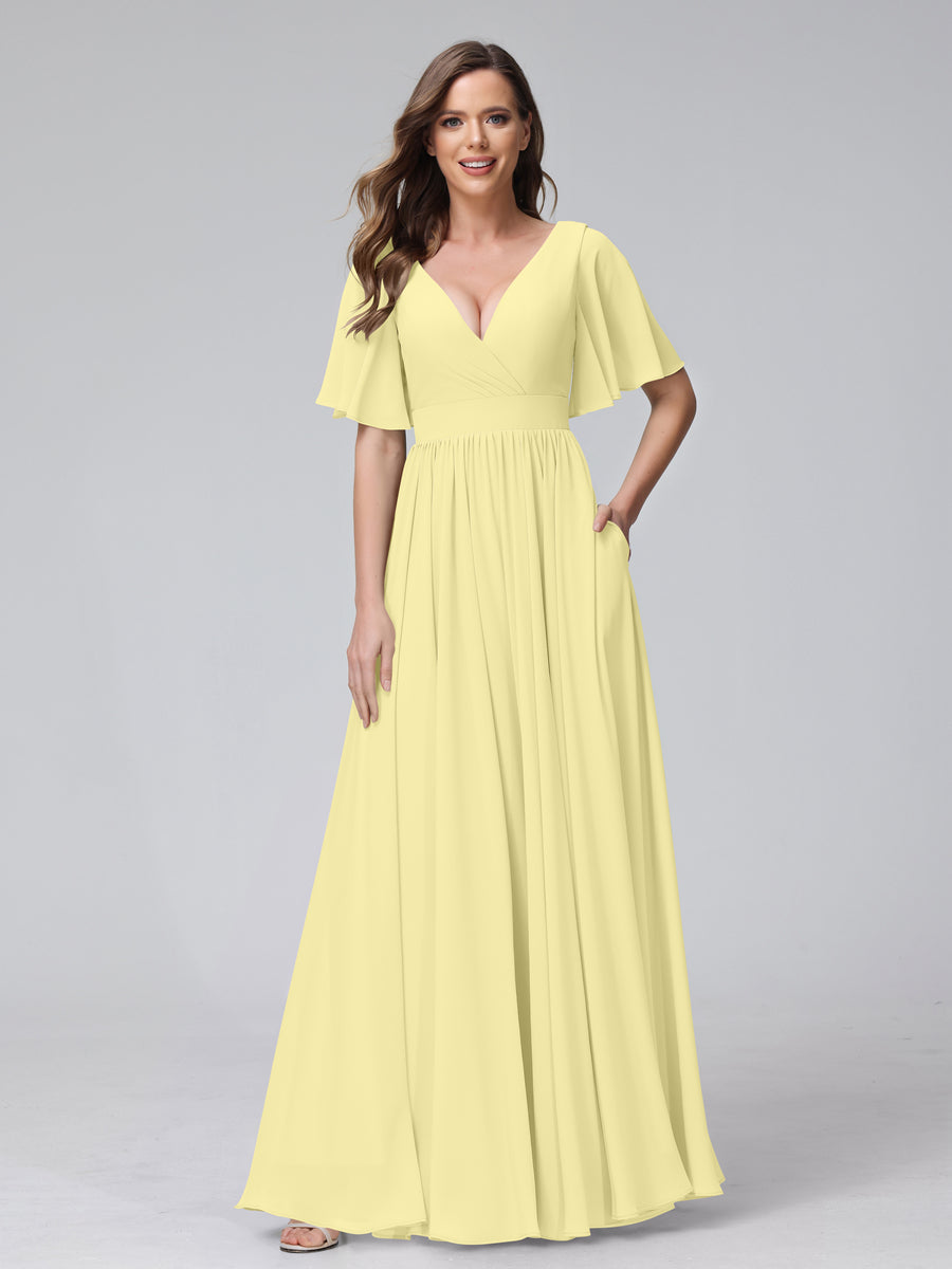 A-Line V-Neck Half Sleeves Long Chiffon Bridesmaid Dresses with Ruffles Split Side Pockets Canary