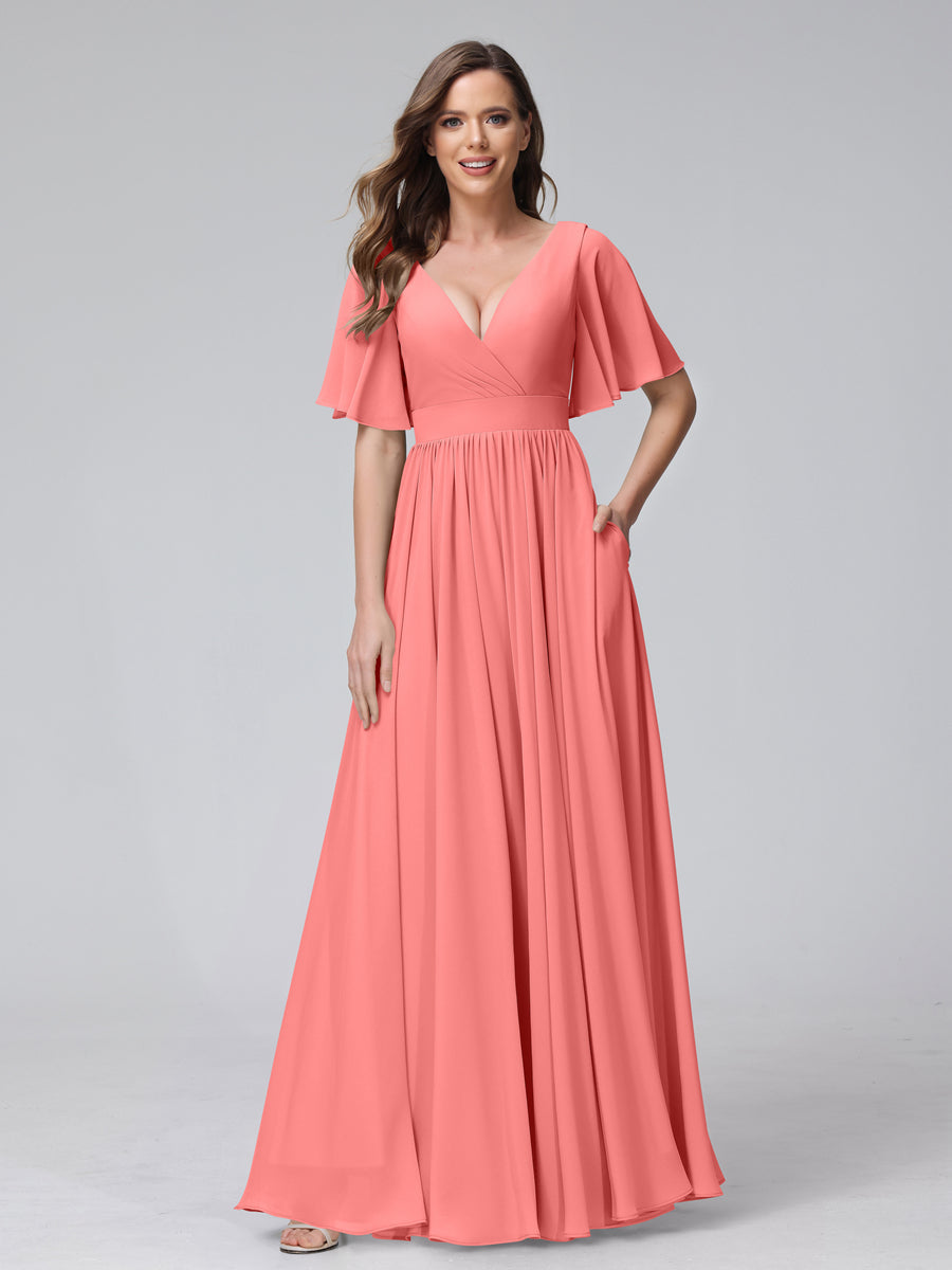A-Line V-Neck Half Sleeves Long Chiffon Bridesmaid Dresses with Ruffles Split Side Pockets Coral