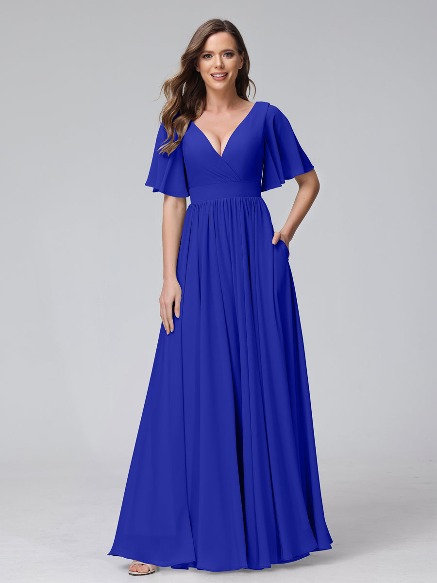A-Line V-Neck Half Sleeves Long Chiffon Bridesmaid Dresses with Ruffles Split Side Pockets Royal Blue