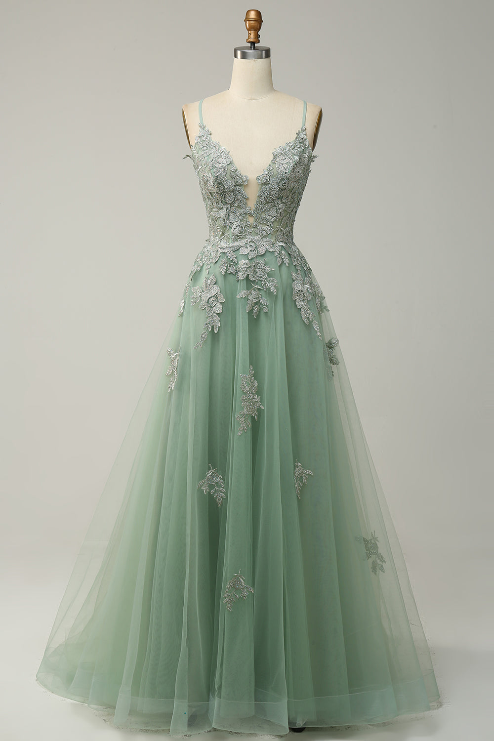 Dark Green A-Line Tulle Appliques Long Prom Dress with Slit