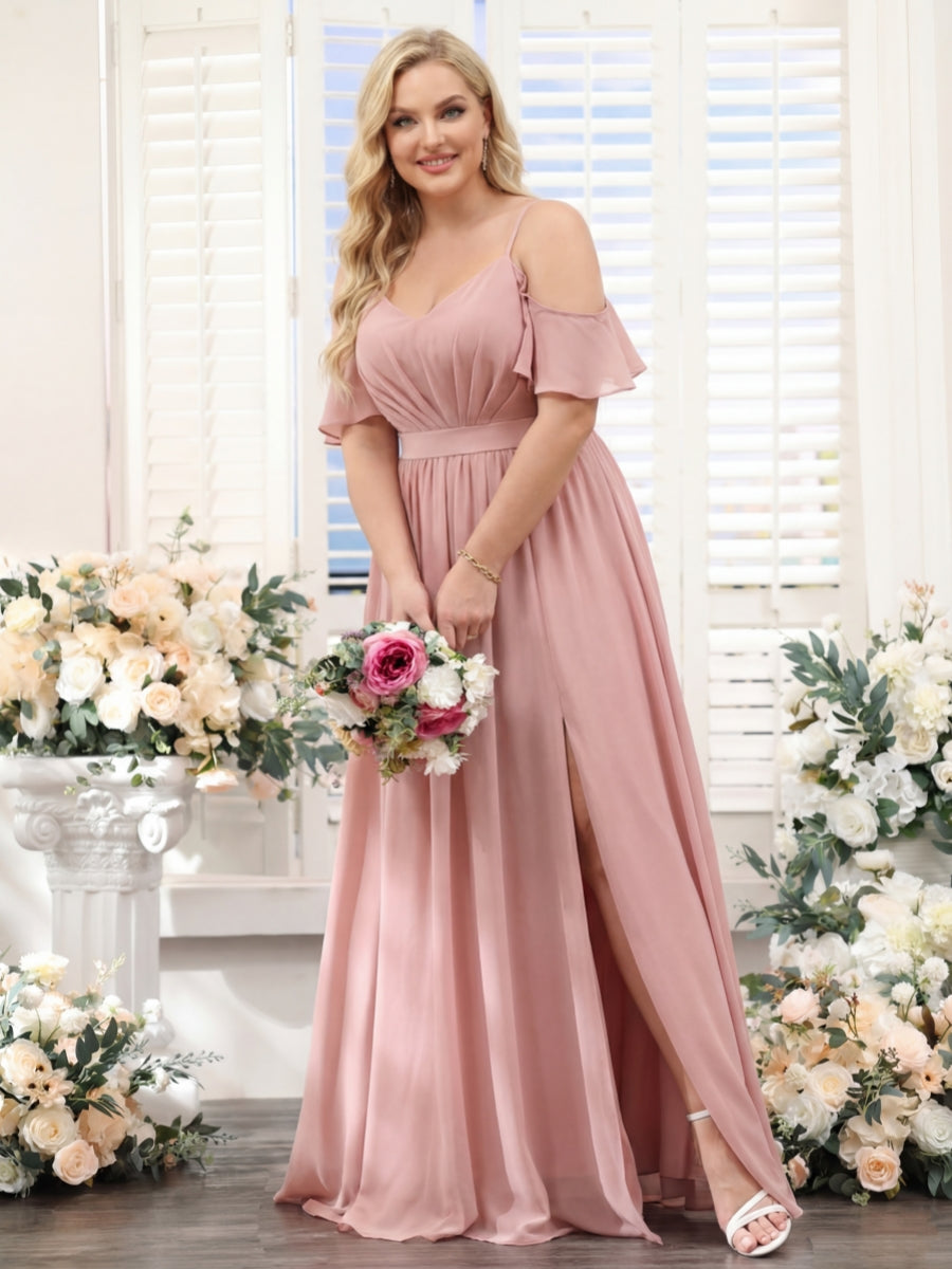A-Line Spaghetti Straps Split Side Ruched Floor-Length Chiffon Plus Size Bridesmaid Dresses Light Rose