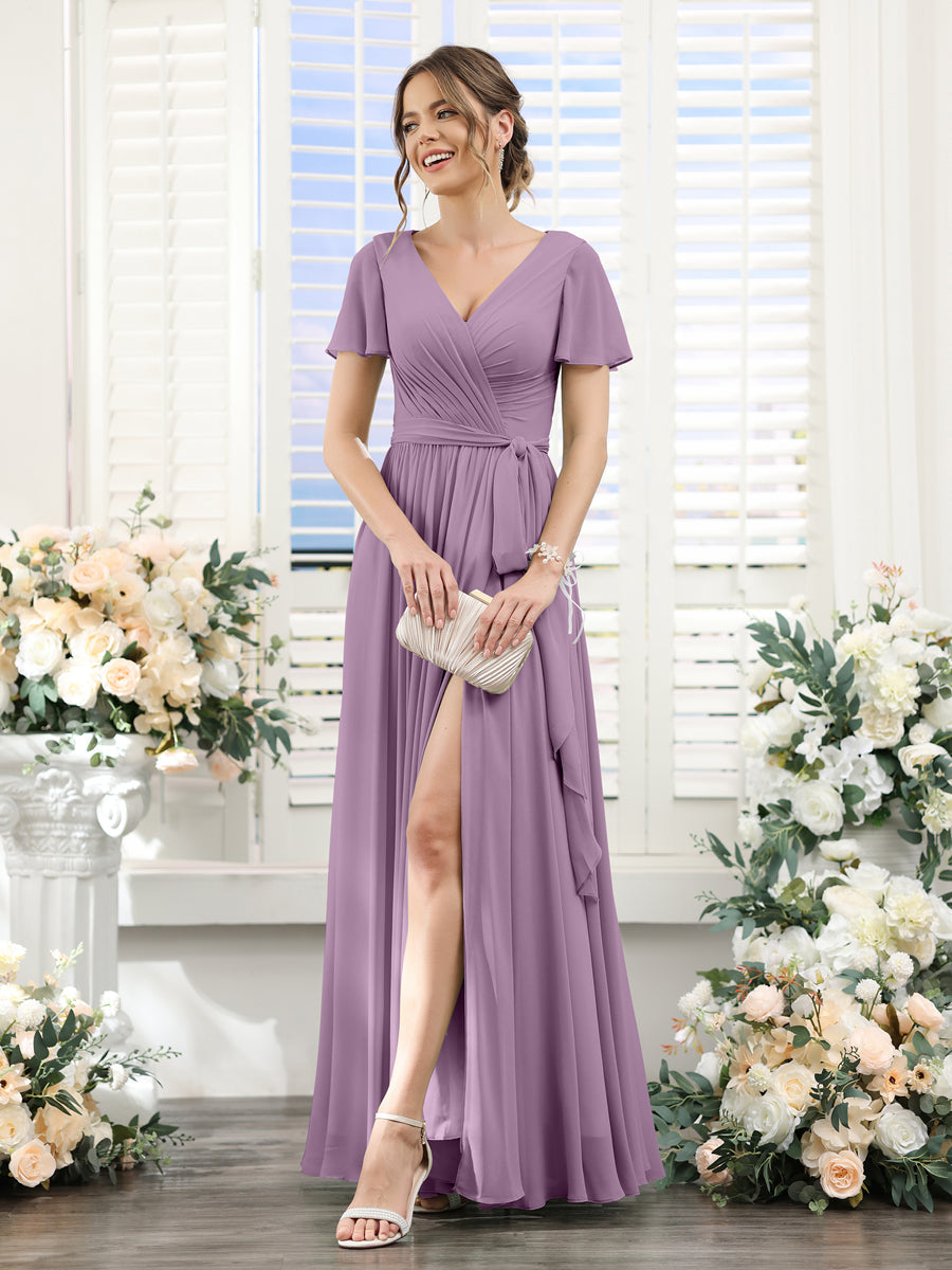 A-Line V-Neck Short Sleeves Split Side Ruched Floor-Length Chiffon Bridesmaid Dresses Dusty Purple