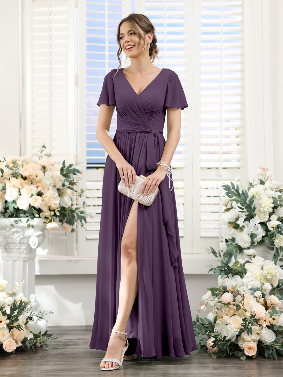 A-Line V-Neck Short Sleeves Split Side Ruched Floor-Length Chiffon Bridesmaid Dresses Plum