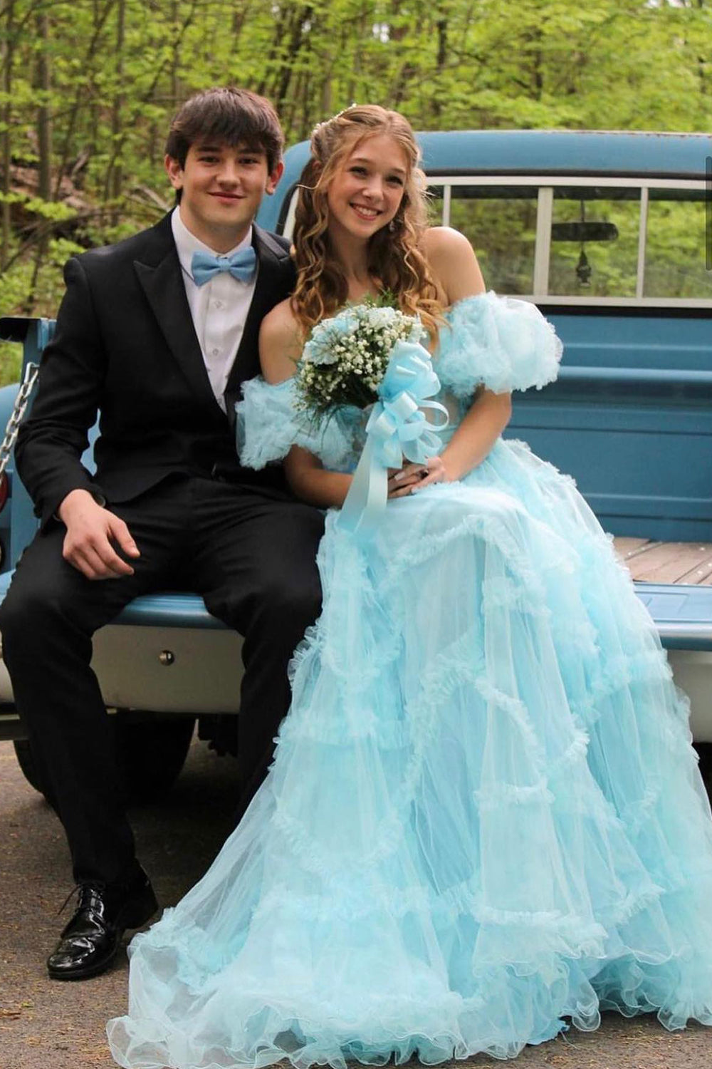 A Line Off the Shoulder Red Tulle Corset Prom Dress with Bowknot