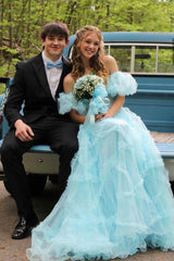 A Line Off the Shoulder Light Blue Tulle Corset Prom Dress with Bowknot