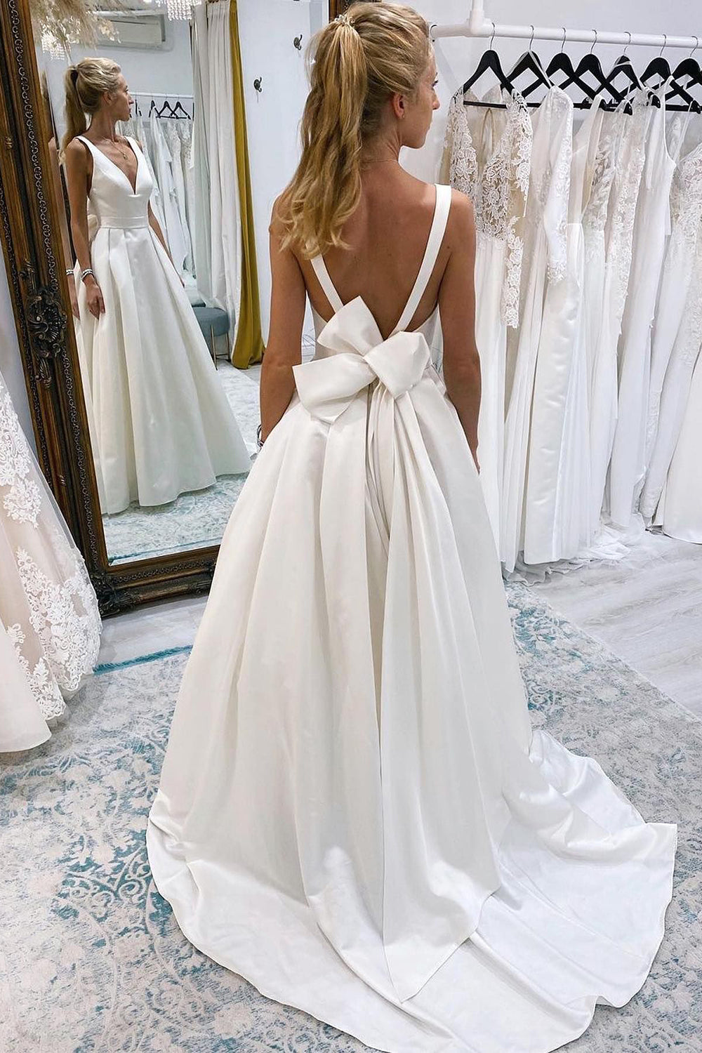 Chic Ivory A-Line Deep V-Neck Long Wedding Dress with Bowknot