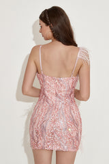 Blush Sequined V-Neck Homecoming Dress With Feathers