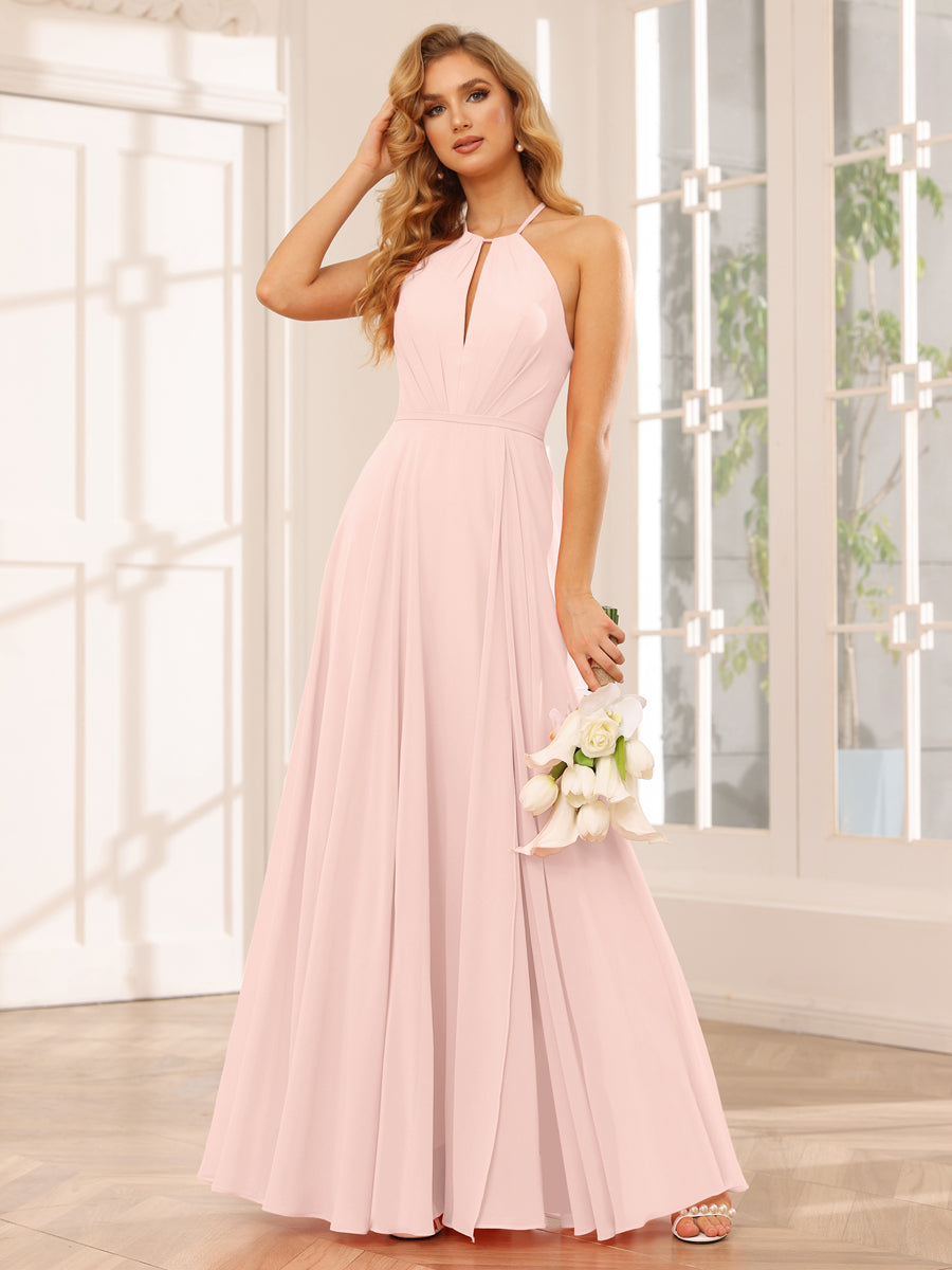 A-Line/Princess Halter Long Bridesmaid Dresses with Split Side Light Pink