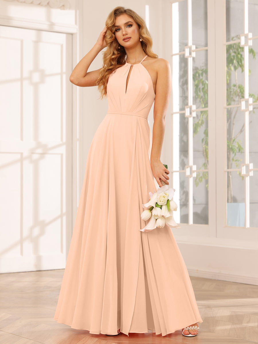 A-Line/Princess Halter Long Bridesmaid Dresses with Split Side Peach Pink