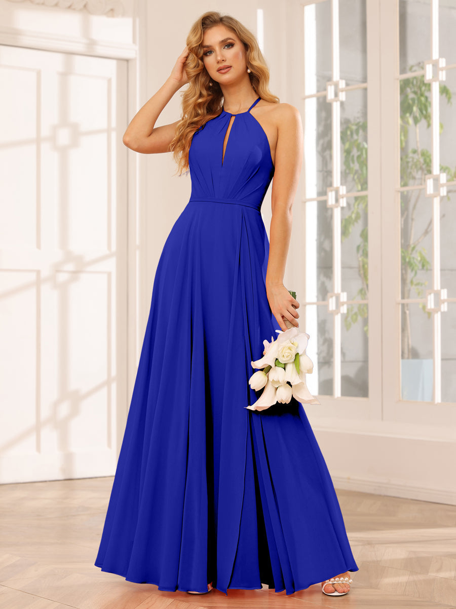 A-Line/Princess Halter Long Bridesmaid Dresses with Split Side Royal Blue