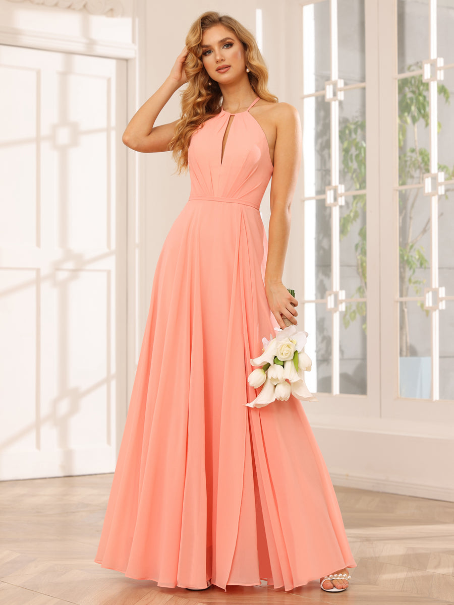 A-Line/Princess Halter Long Bridesmaid Dresses with Split Side Salmon