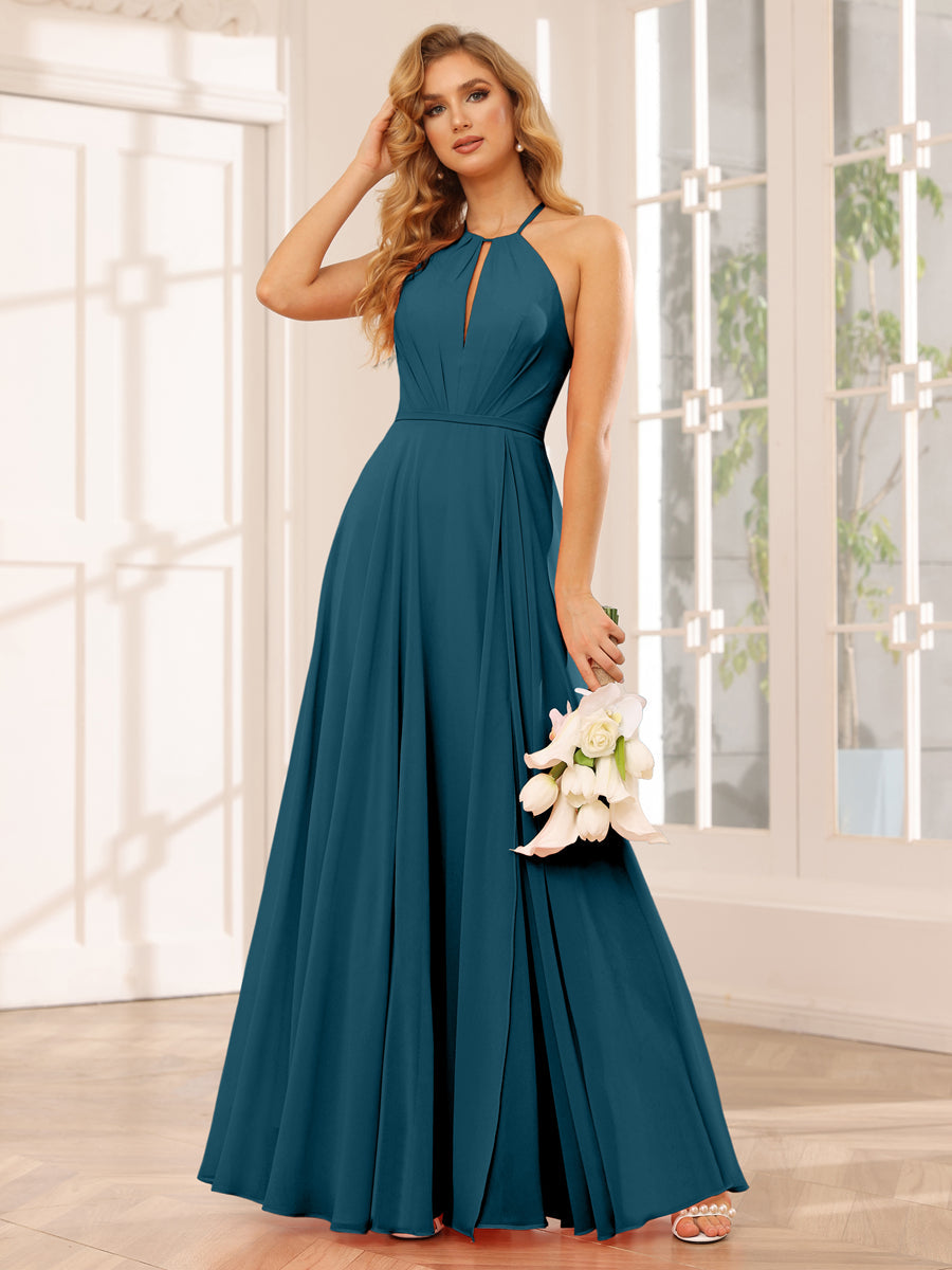 A-Line/Princess Halter Long Bridesmaid Dresses with Split Side Teal
