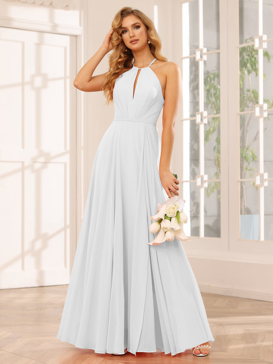 A-Line/Princess Halter Long Bridesmaid Dresses with Split Side White