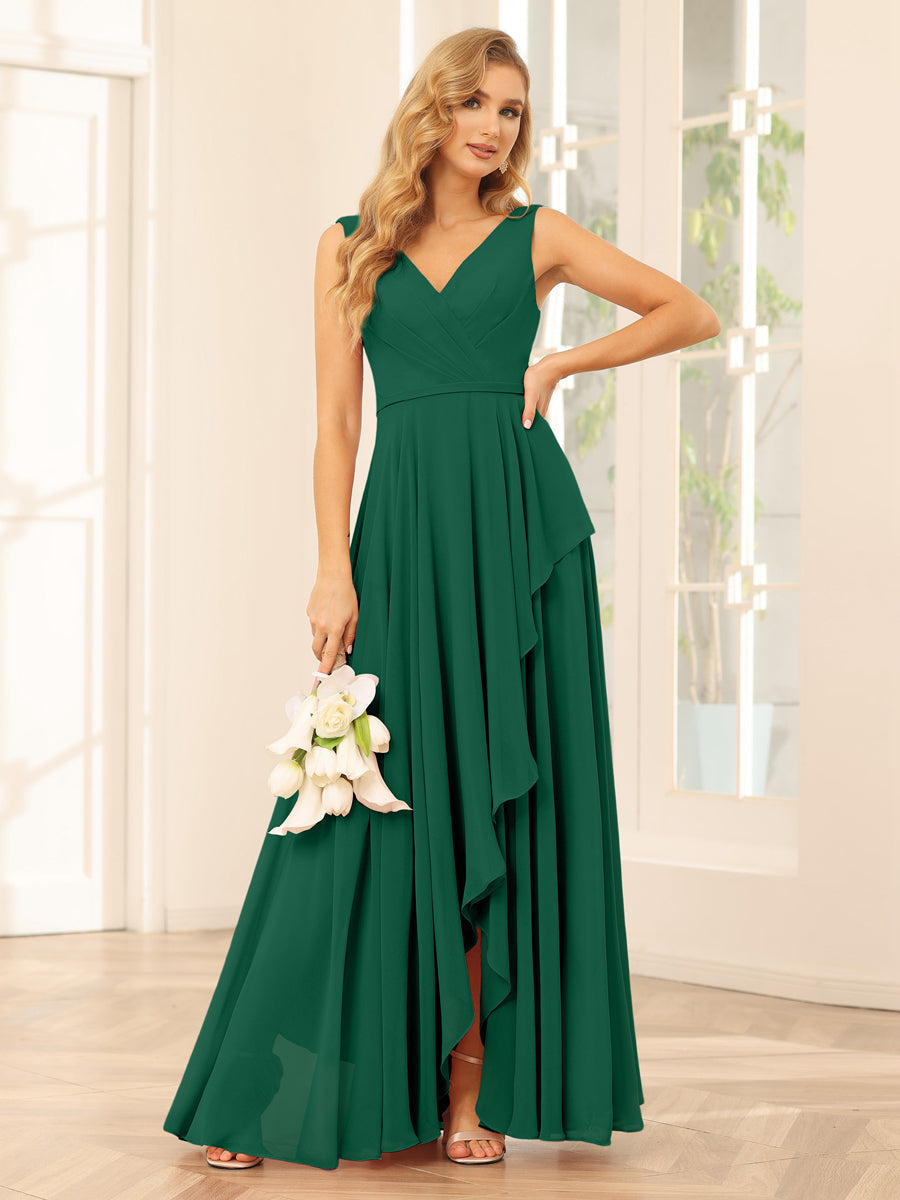 A-Line/Princess V-Neck Asymmetrical Bridesmaid Dresses with Ruffles Dark Green