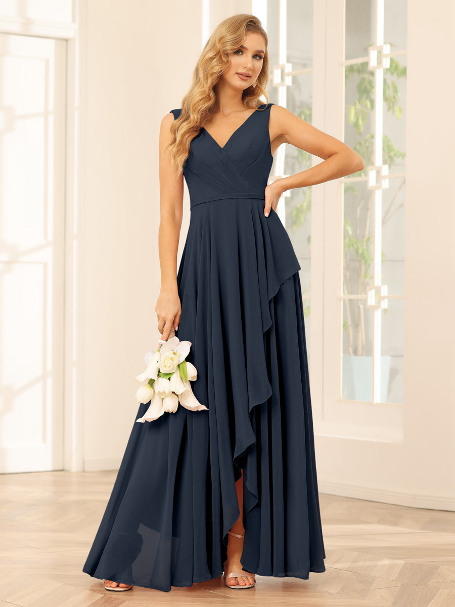 A-Line/Princess V-Neck Asymmetrical Bridesmaid Dresses with Ruffles Navy Blue