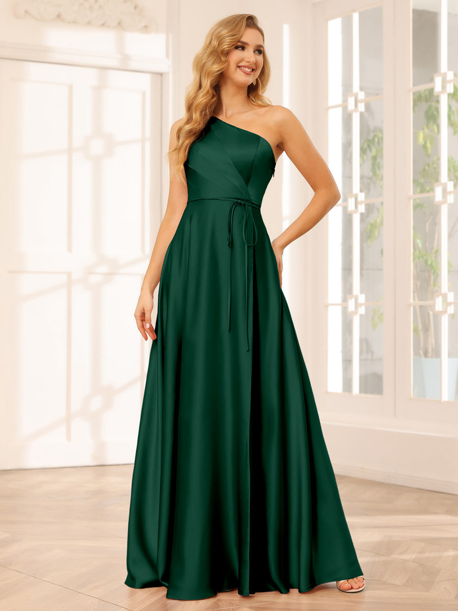 A-Line/Princess One-Shoulder Long Bridesmaid Dresses with Split Side & Sash Dark Green