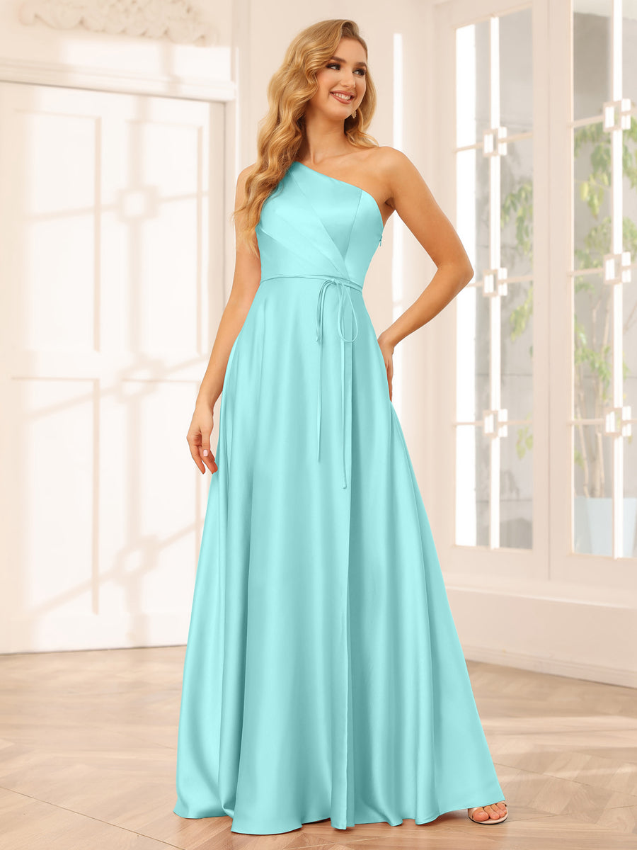 A-Line/Princess One-Shoulder Long Bridesmaid Dresses with Split Side & Sash Light Sky Blue