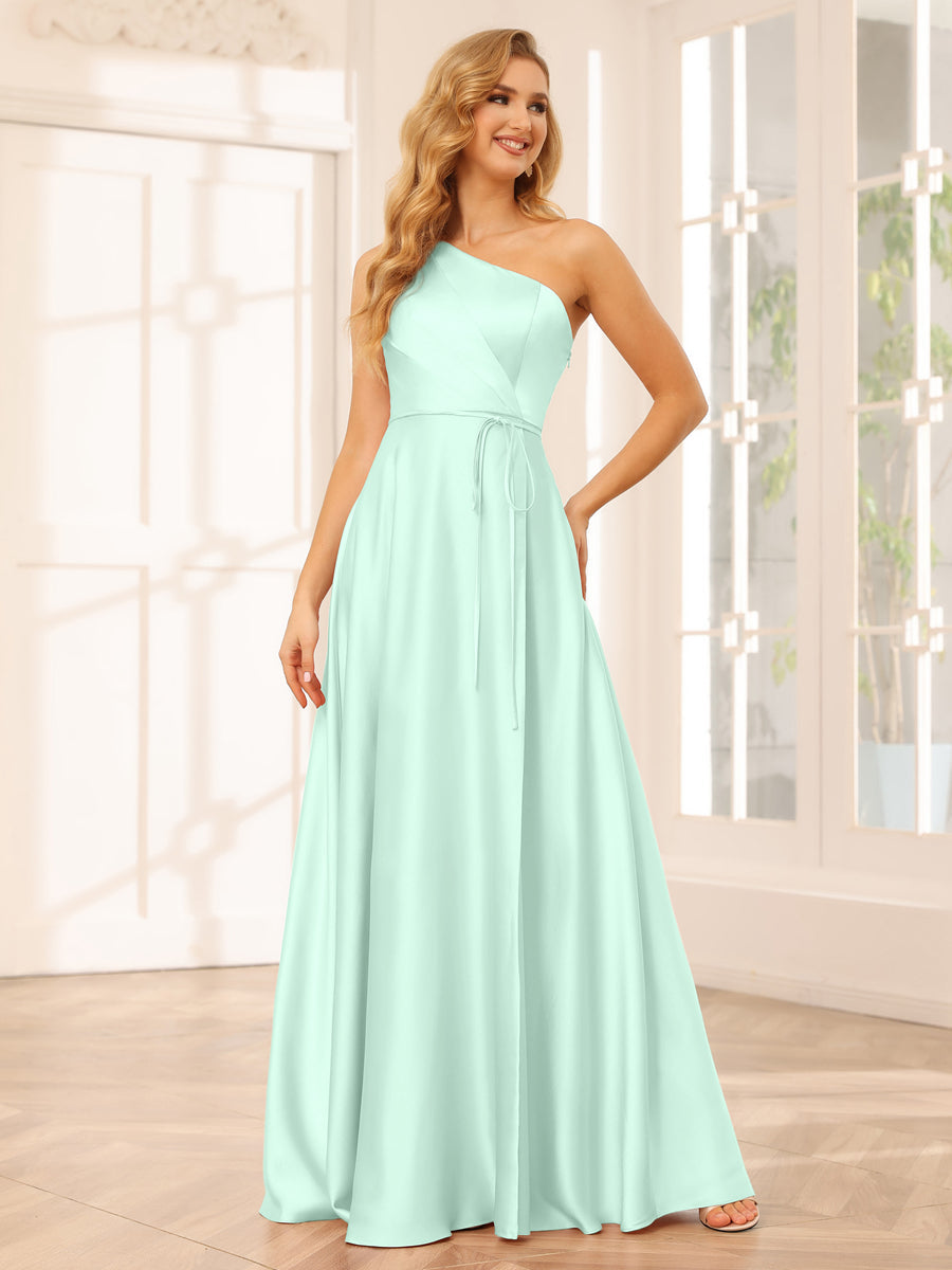 A-Line/Princess One-Shoulder Long Bridesmaid Dresses with Split Side & Sash Mist Blue
