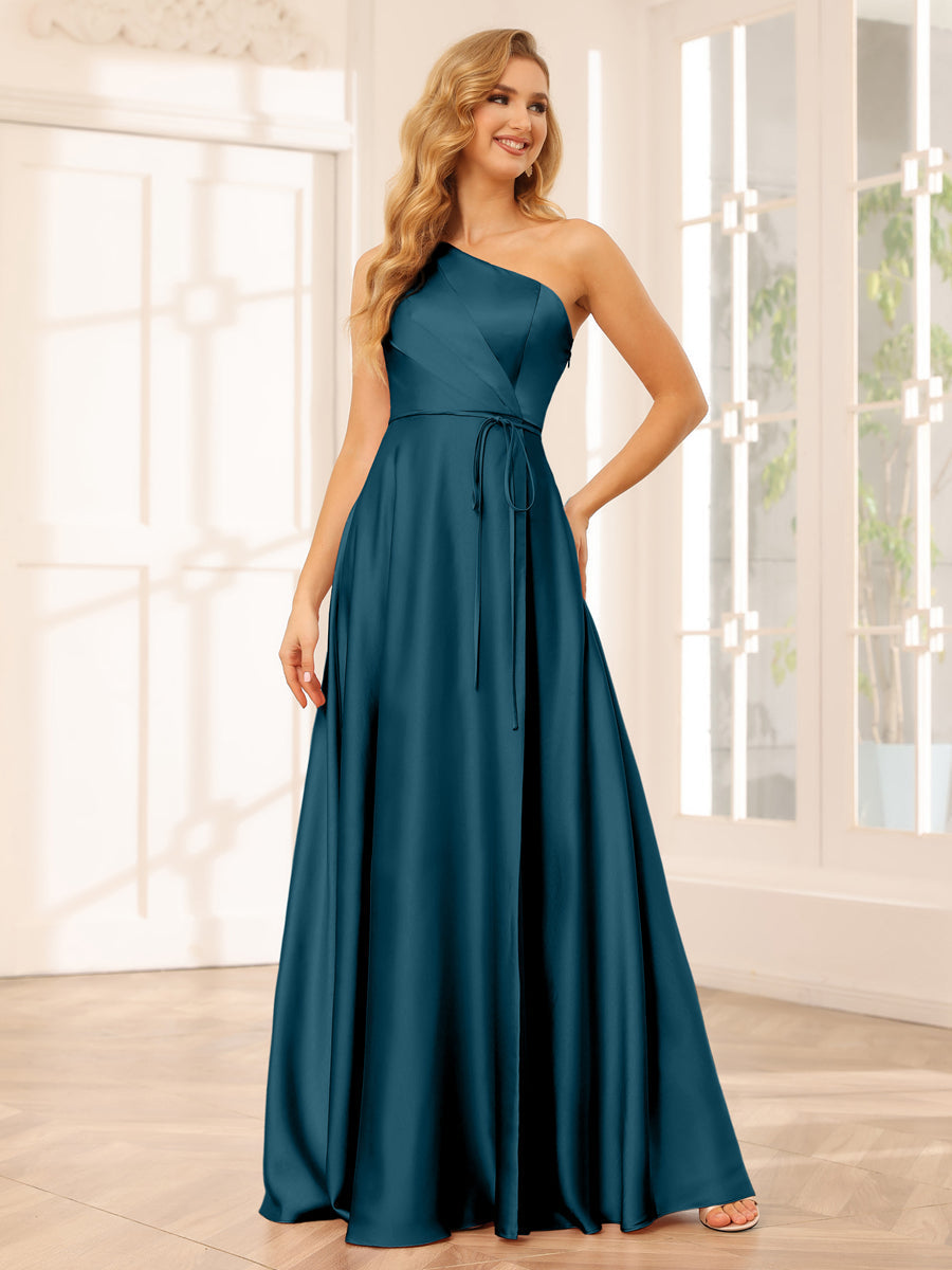 A-Line/Princess One-Shoulder Long Bridesmaid Dresses with Split Side & Sash Teal
