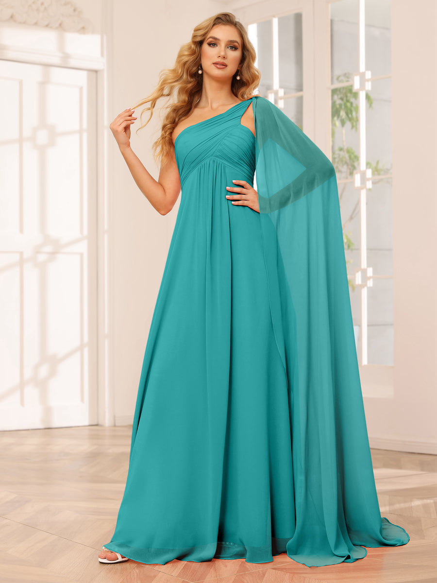 A-Line/Princess One-Shoulder Long Bridesmaid Dresses with Ruched Aqua Blue