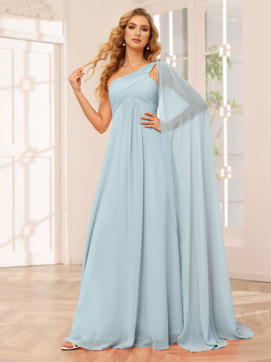 A-Line/Princess One-Shoulder Long Bridesmaid Dresses with Ruched Light Blue