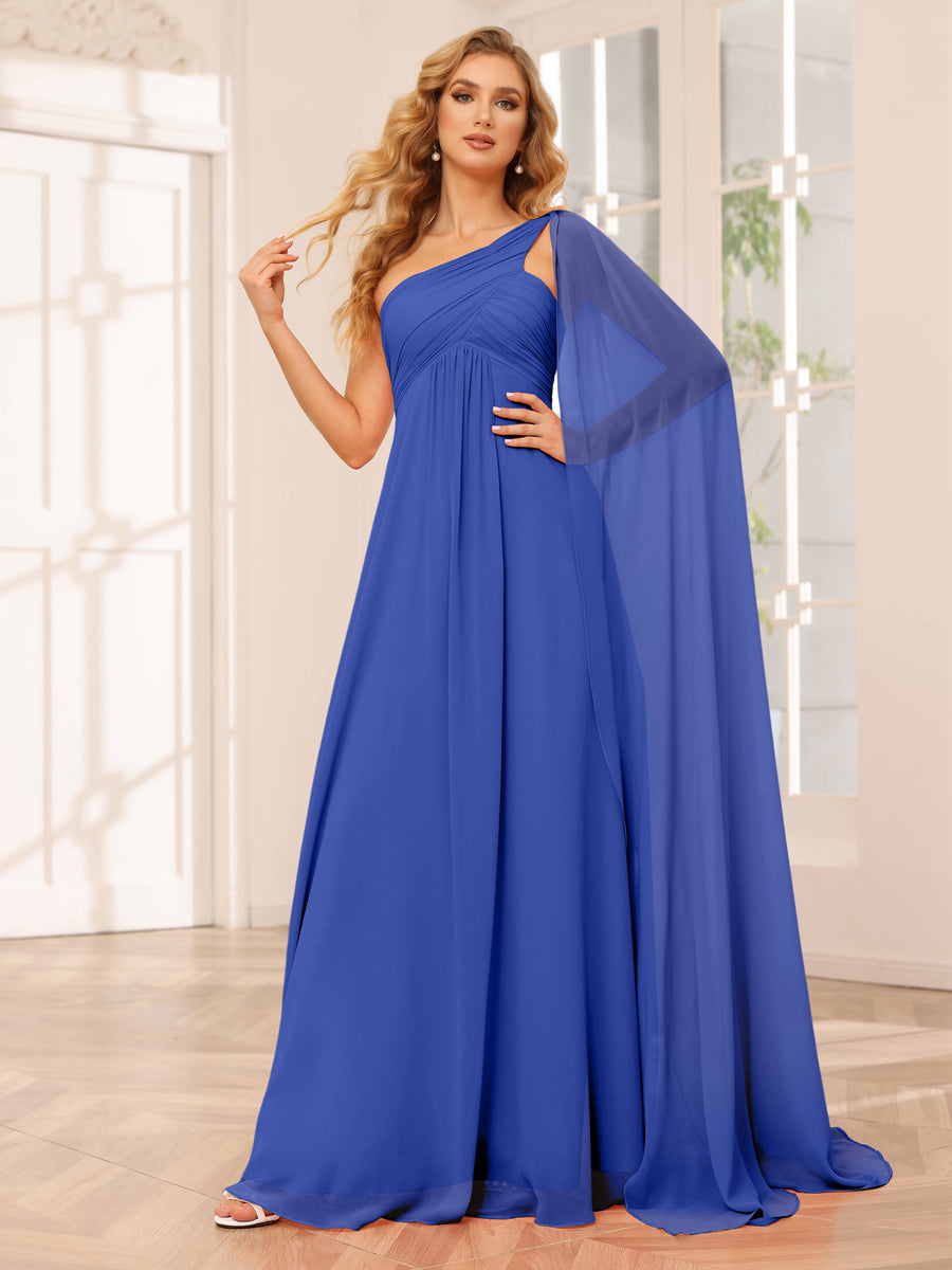 A-Line/Princess One-Shoulder Long Bridesmaid Dresses with Ruched Light Royal Blue