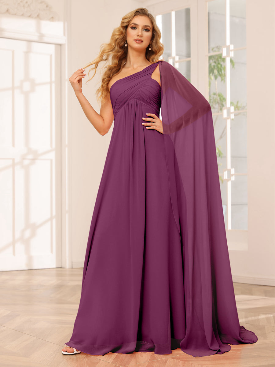 A-Line/Princess One-Shoulder Long Bridesmaid Dresses with Ruched Orchid