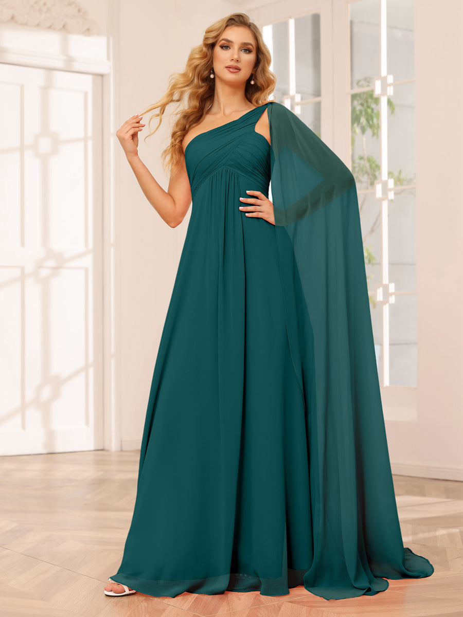 A-Line/Princess One-Shoulder Long Bridesmaid Dresses with Ruched Peacock