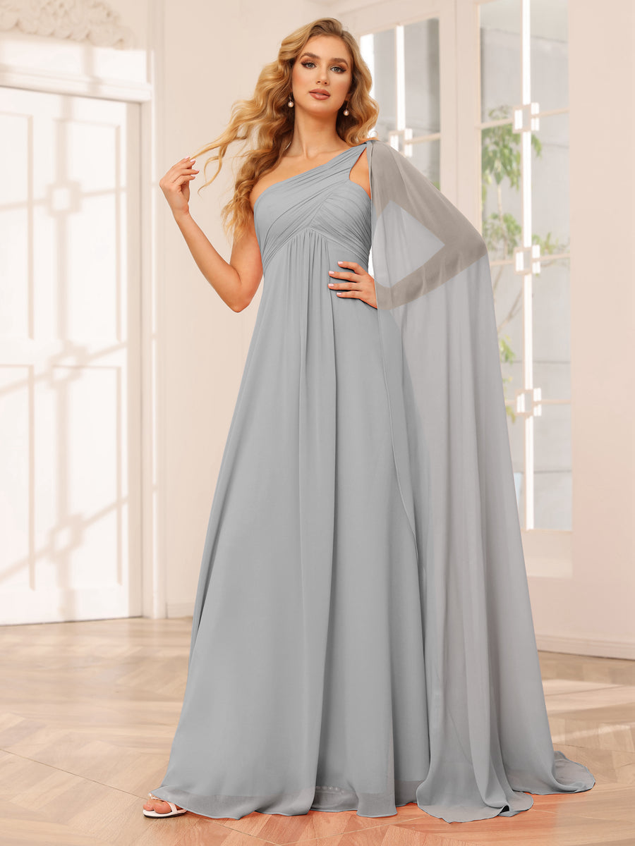 A-Line/Princess One-Shoulder Long Bridesmaid Dresses with Ruched Silver