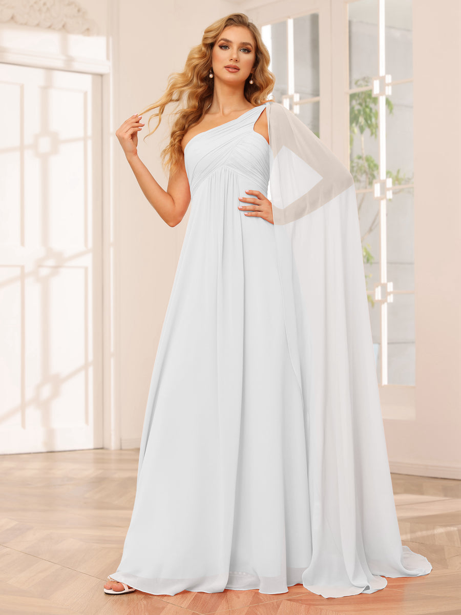 A-Line/Princess One-Shoulder Long Bridesmaid Dresses with Ruched White