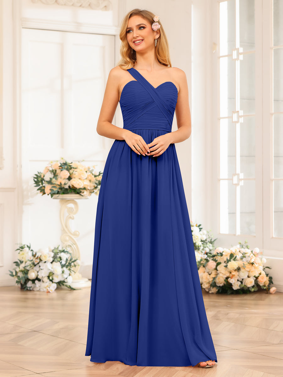 A-Line/Princess One-Shoulder Long Wedding Party Dresses with Split Side Dark Royal Blue