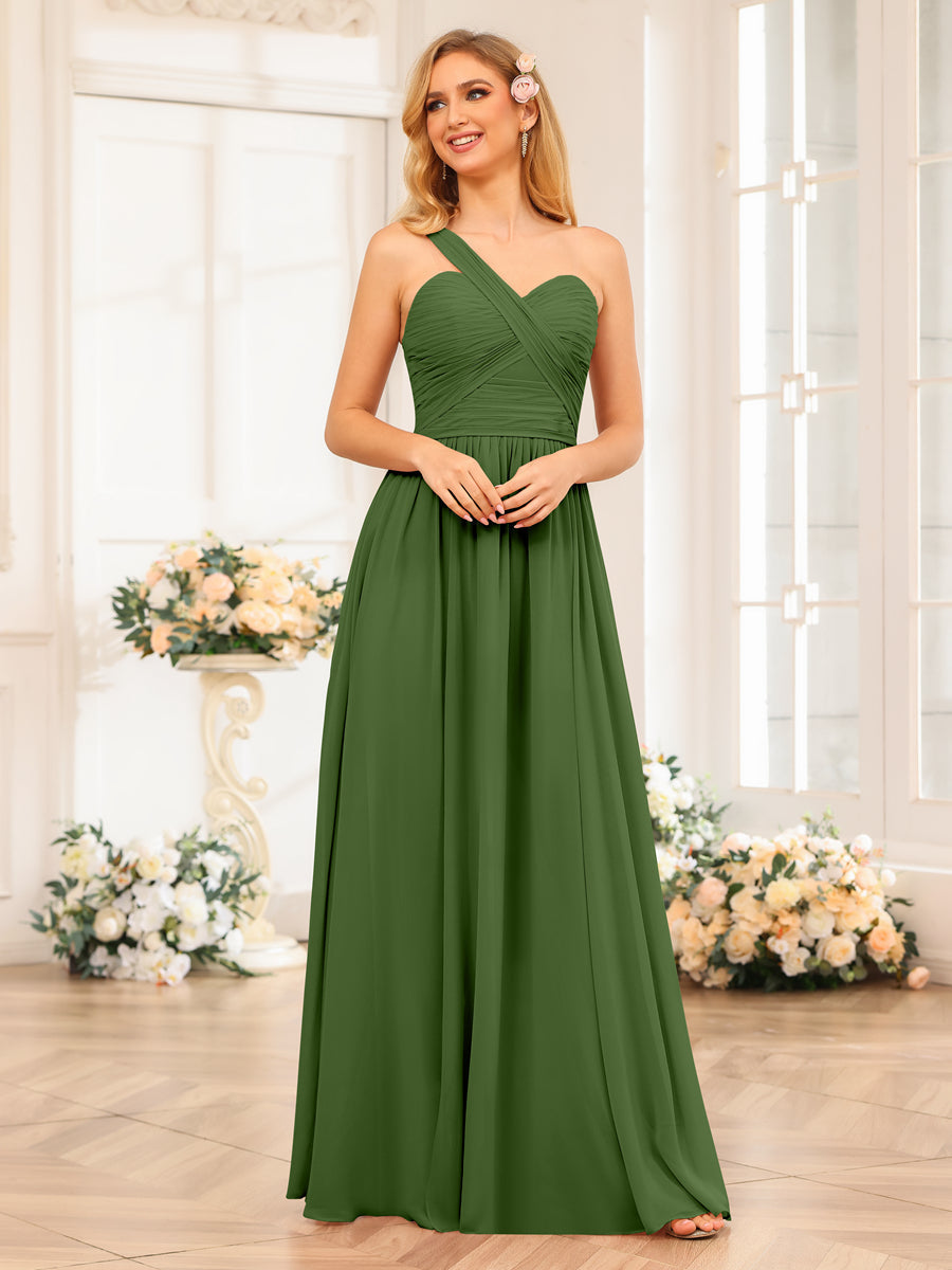 A-Line/Princess One-Shoulder Long Wedding Party Dresses with Split Side Olive Green