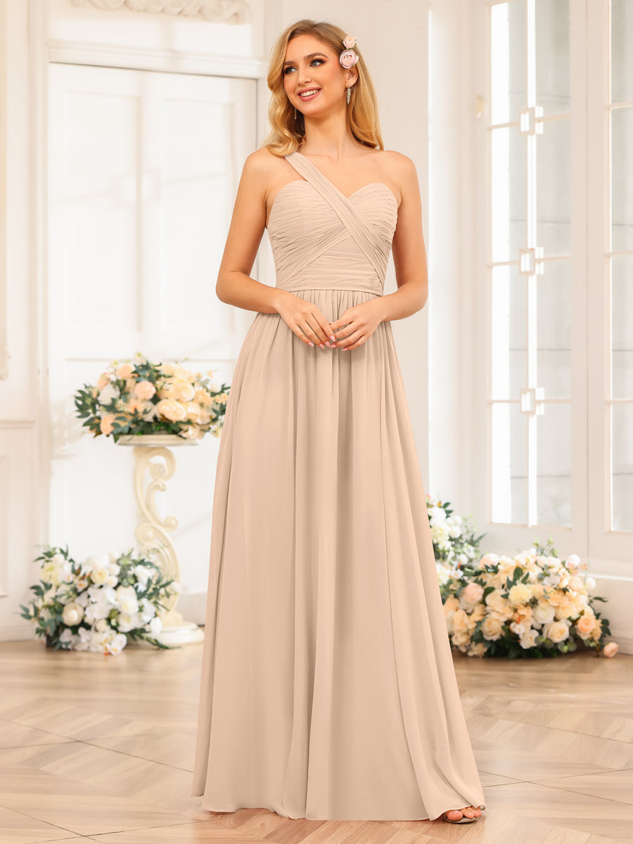 A-Line/Princess One-Shoulder Long Wedding Party Dresses with Split Side Peach Pink