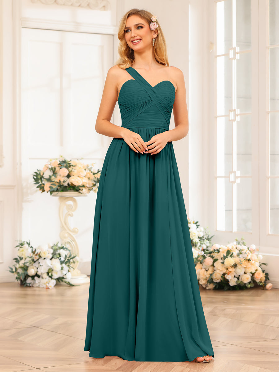 A-Line/Princess One-Shoulder Long Wedding Party Dresses with Split Side Peacock