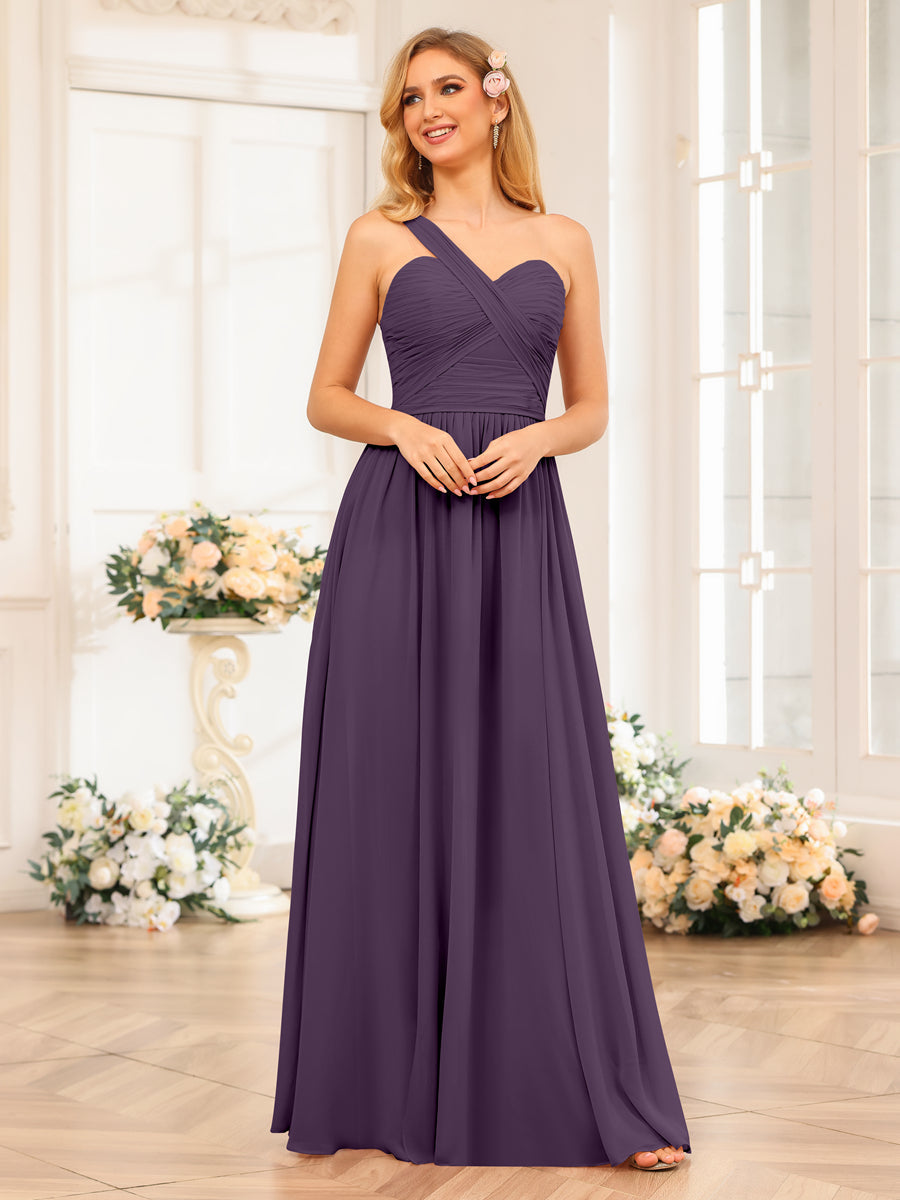 A-Line/Princess One-Shoulder Long Wedding Party Dresses with Split Side Plum