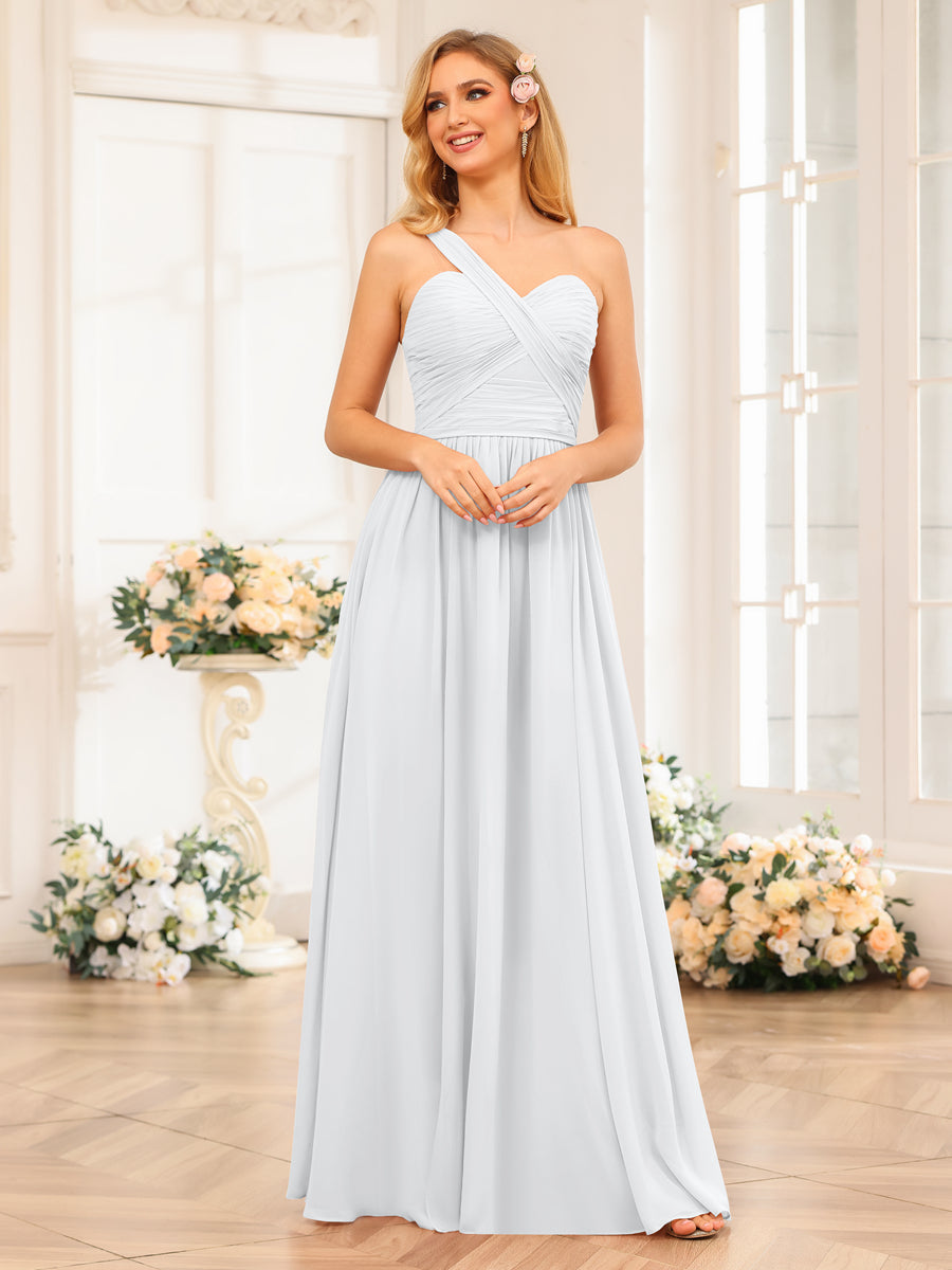 A-Line/Princess One-Shoulder Long Wedding Party Dresses with Split Side White
