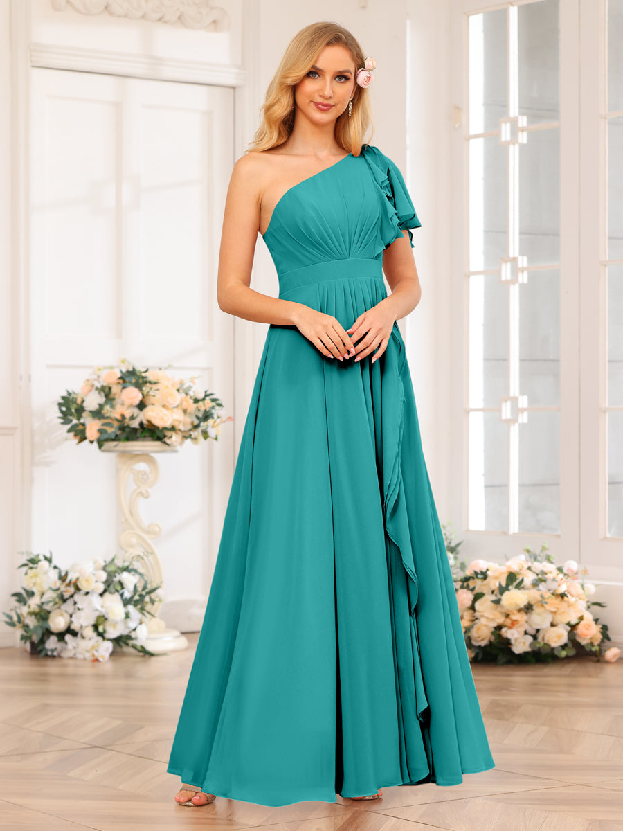 A-Line/Princess One-Shoulder Long Wedding Party Dresses with Split Side Aqua Blue