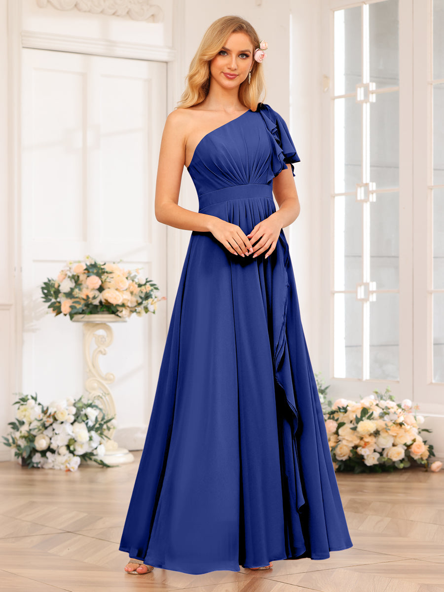 A-Line/Princess One-Shoulder Long Wedding Party Dresses with Split Side Dark Royal Blue
