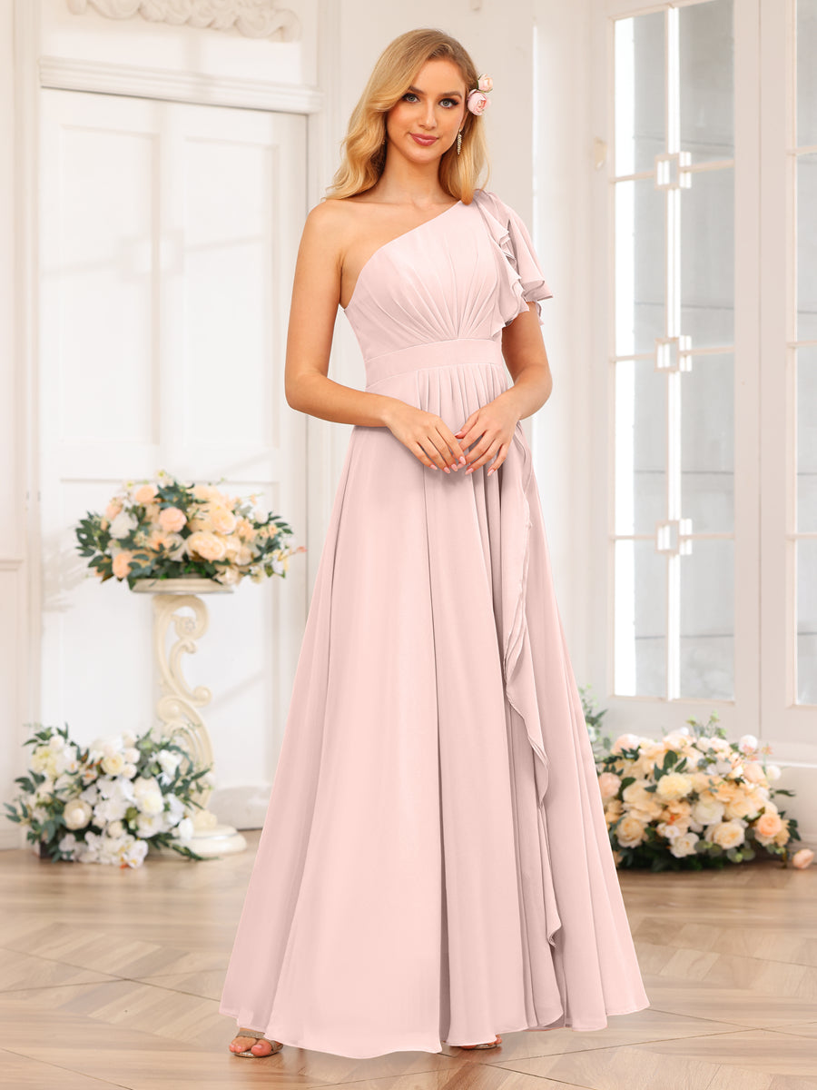 A-Line/Princess One-Shoulder Long Wedding Party Dresses with Split Side Light Pink