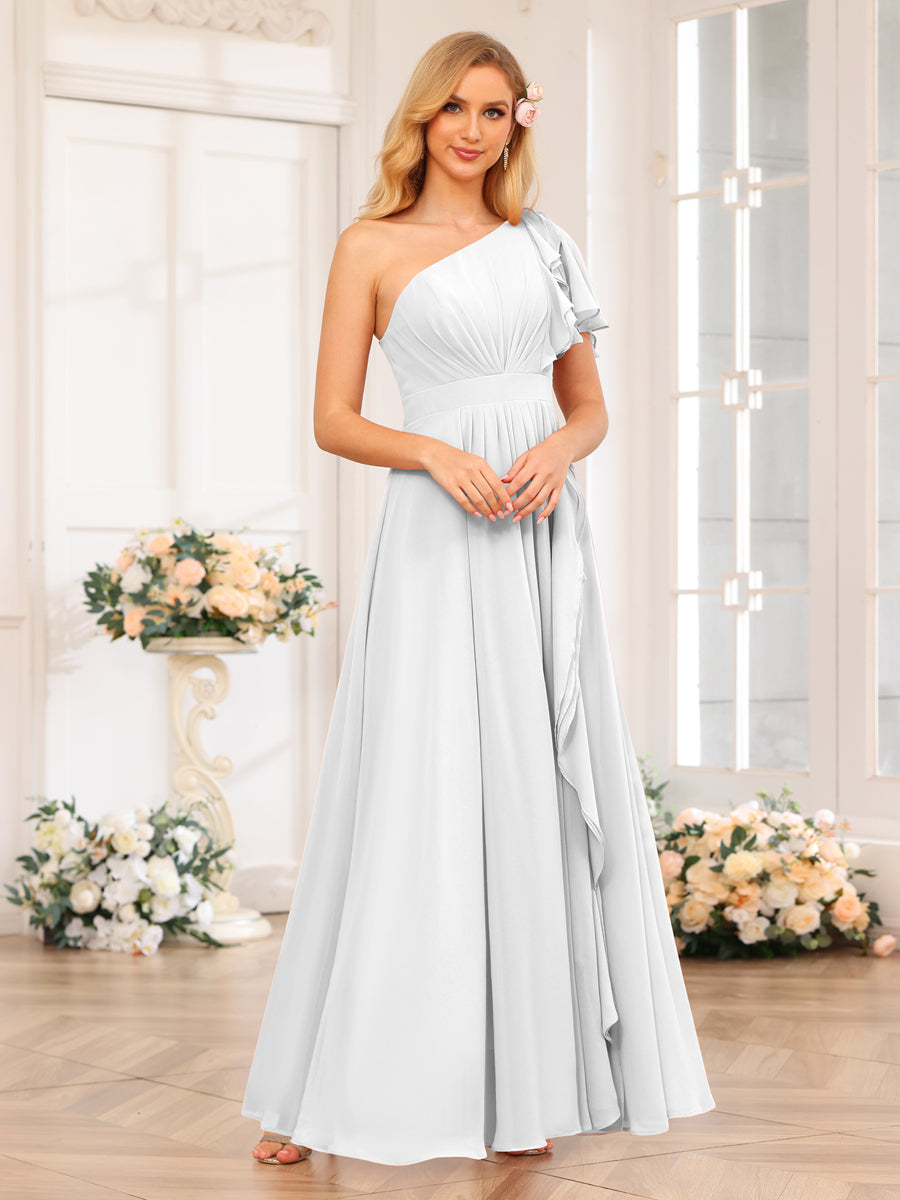 A-Line/Princess One-Shoulder Long Wedding Party Dresses with Split Side Off White