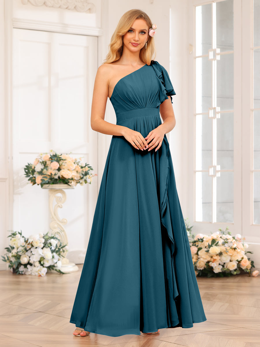 A-Line/Princess One-Shoulder Long Wedding Party Dresses with Split Side Teal